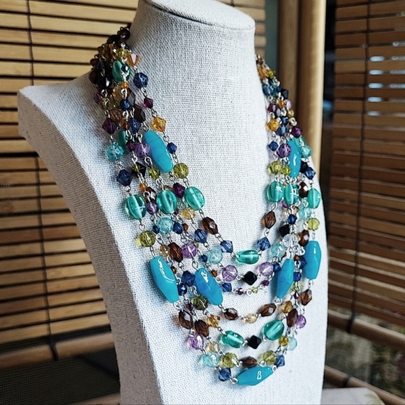 Acrylic Shell Abalone Beaded Rosary Style Chain Dual Strand Necklace Blue Green - Picture 5 of 5